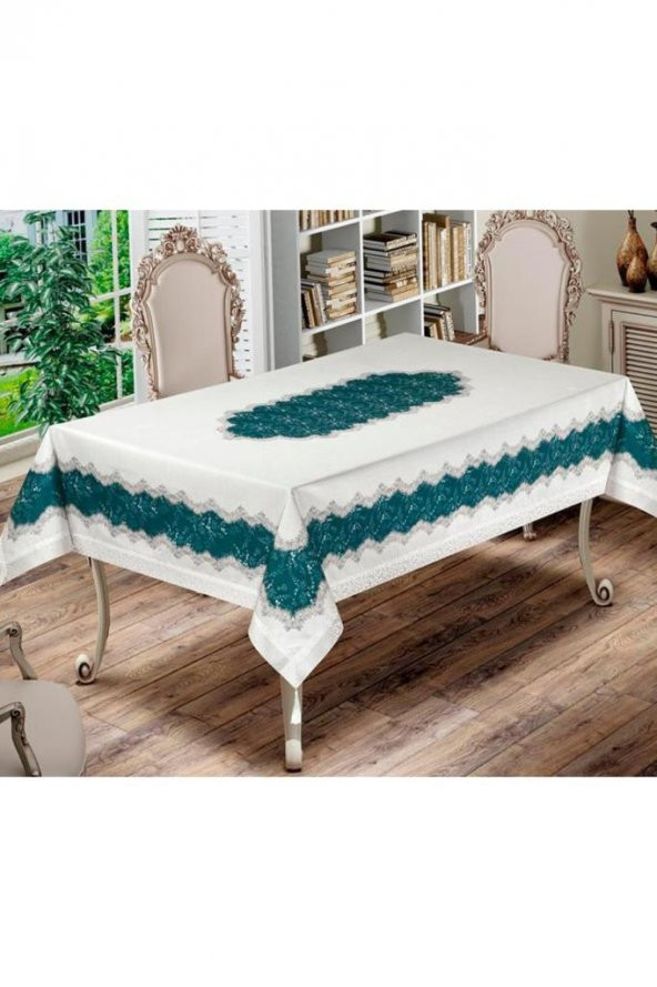 Nilüfer Dikdörtgen Baskılı Masa Örtüsü Krem Petrol - Resim 2