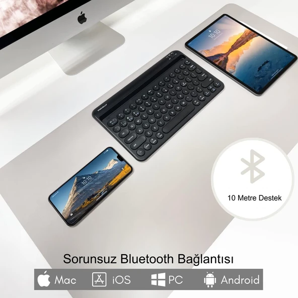 TriLine 78 Yuvarlak Tuşlu İngilizce Bluetooth Tablet Telefon Klavyesi Şarjlı Mini Boy 29x16cm - Resim 11