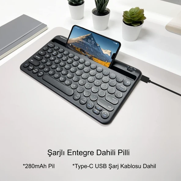 TriLine 78 Yuvarlak Tuşlu İngilizce Bluetooth Tablet Telefon Klavyesi Şarjlı Mini Boy 29x16cm - Resim 5