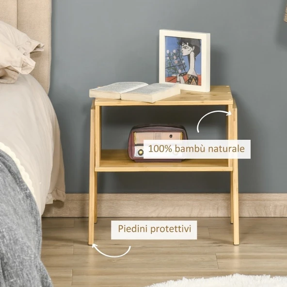 Bambu 2 Katlı Oturma Odası Yatak Odası Komodini Raflı Komodin Sehpa - Resim 2