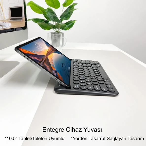 TriLine 78 Yuvarlak Tuşlu İngilizce Bluetooth Tablet Telefon Klavyesi Şarjlı Mini Boy 29x16cm - Resim 2