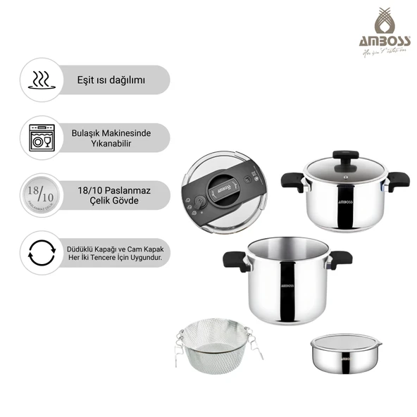 Cook Master 7 Parça Çok Fonksiyonlu Paslanmaz Çelik Buharlı Düdüklü Tencere Seti - Resim 2