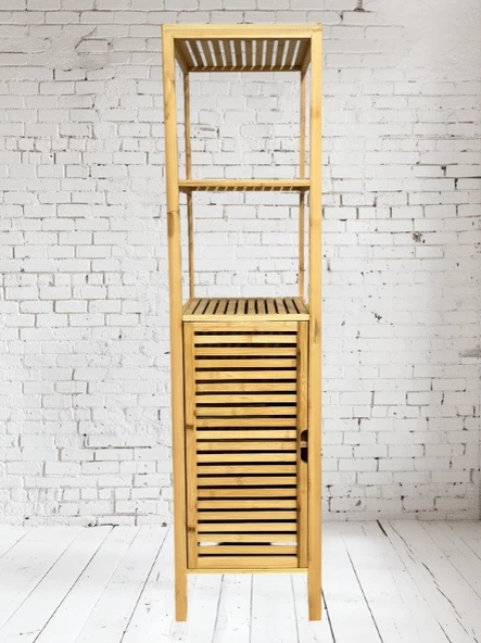 Bambu Banyo Dolabı 5 Raflı Kapaklı Banyo Düzenleme Dolabı Havlu Dolabı - Resim 4
