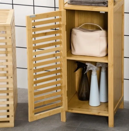 Bambu Banyo Dolabı 5 Raflı Kapaklı Banyo Düzenleme Dolabı Havlu Dolabı - Resim 5