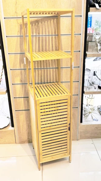 Bambu Banyo Dolabı 5 Raflı Kapaklı Banyo Düzenleme Dolabı Havlu Dolabı - Resim 2