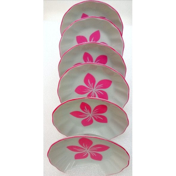 6'LI PORSELEN ÇAY TABAĞI PEMBE ÇİÇEK DESENLİ
