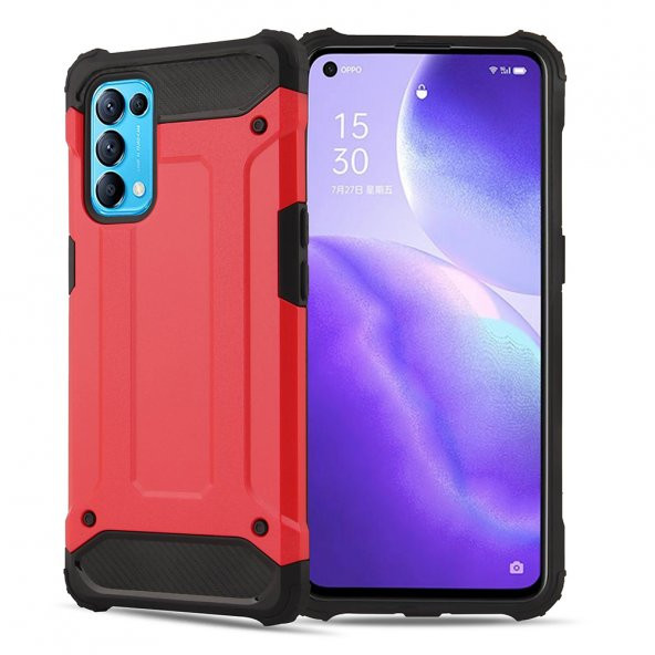 KNY OPPO Reno 5 Pro Kılıf Çift Katmanlı Armour Case Kırmızı