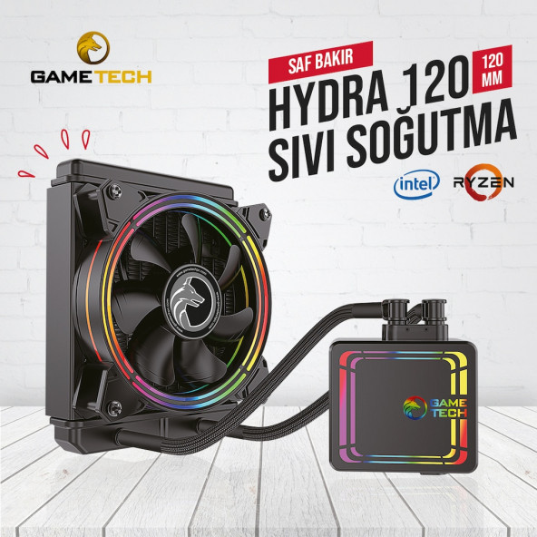 GAMETECH HYDRA Rainbow Pro 120mm Intel AMD Uyumlu İşlemci Fanı Sıvı Soğutma Sistemi