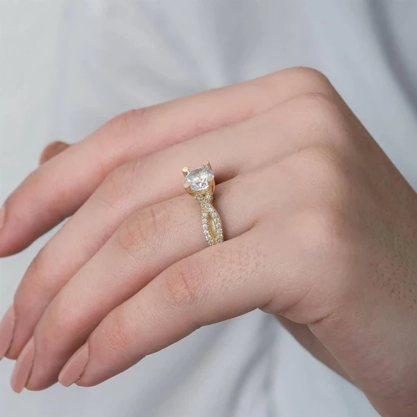 Altın Kaplama Gümüş Tektaş Yüzük - 4