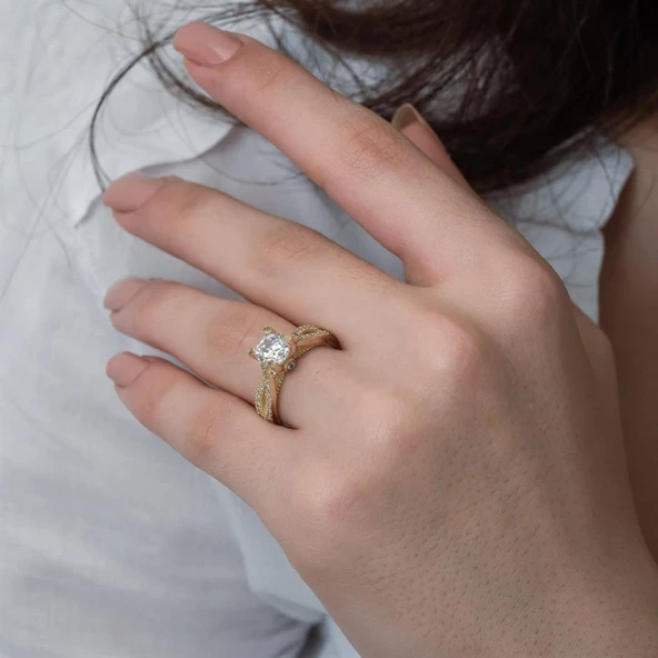 Altın Kaplama Gümüş Tektaş Yüzük - 5