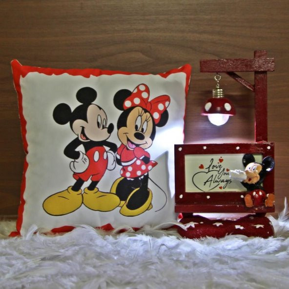 Mickey Mouse Işıklı Biblo Çerçeveli Masa Gece Lambası Mickey Mouse Minnie Mouse Puf Yastık Set