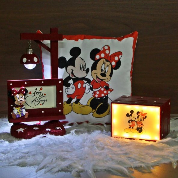 Minnie Mickey Mouse Biblolu Masa Gece Lambası ve Puf Yastık Mickey Minnie Led Işıklı Kumbara