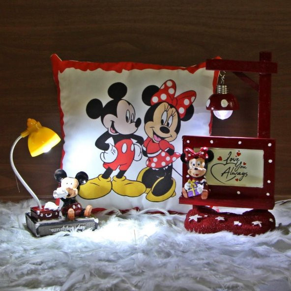 Mickey Mouse Çerçeveli Biblolu Masa Gece Lambası Mickey Işıklı Biblo ve Puf Yastık Hediye Seti