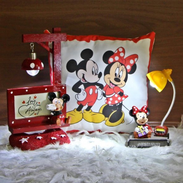 Mickey Mouse Çerçeveli Biblolu Masa Gece Lambası Minnie Işıklı Biblo ve Puf Yastık Hediye Seti