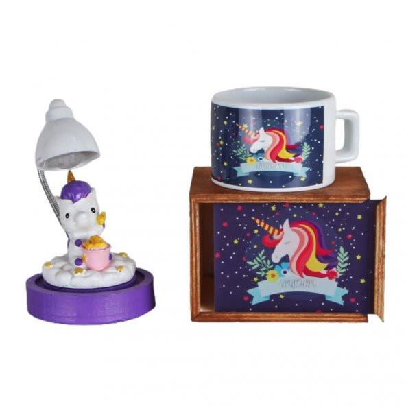 Gülümseyen Gökkuşağı Unicorn Ahşap Kutulu Kupa ve Unicorn Işıklı Biblo Hediye Seti - 1