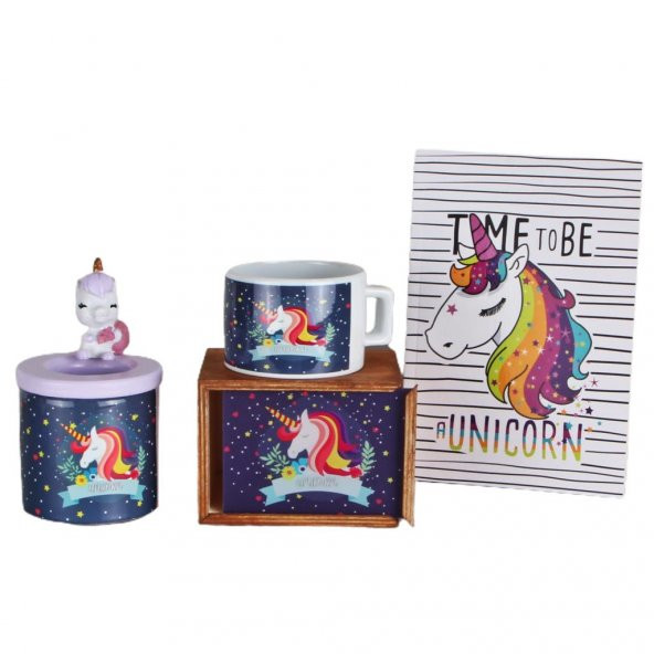 Unicorn Ahşap Kutulu Kupa ve Defter Unicorn Kalemlik Hediye Seti