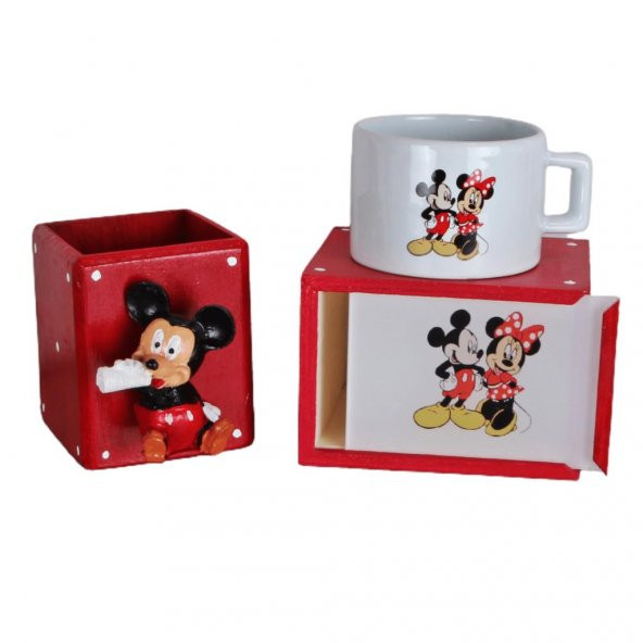 Mickey Mouse Puantiye Biblolu Kalemlik Mickey Minnie Kutulu Kupa Hediye Seti