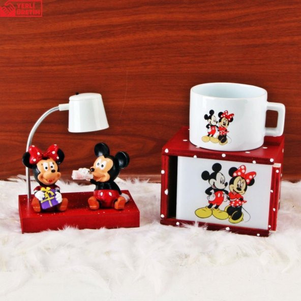 Mickey Mouse Minnie Mouse Işıklı Biblo Masa Gece Lambası Mickey Minnie Kutulu Kupa Hediye Seti