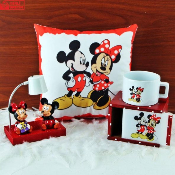 Mickey Mouse Minnie Mouse Işıklı Biblo Mickey Minnie Kutulu Kupa Puf Yastık Hediye Seti