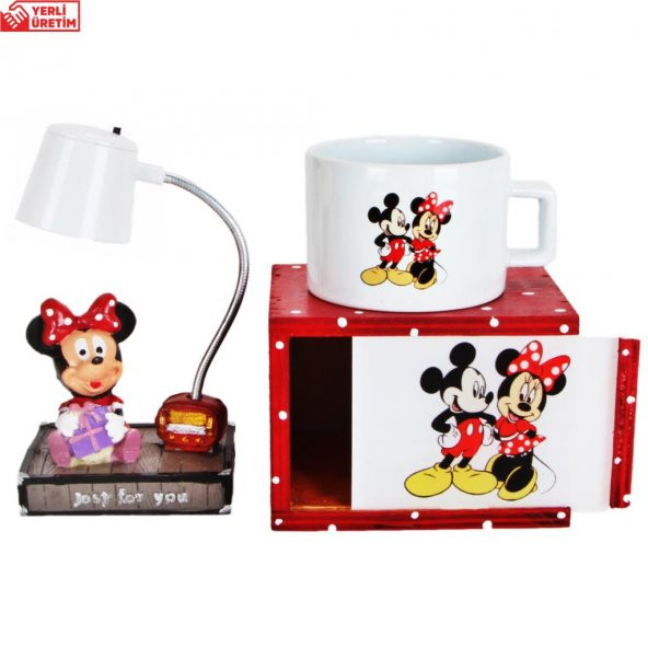 Mickey Mouse Minnie Mouse   Puantiyeli Kutulu Kupa Minnie Işıklı Biblo Hediye Seti