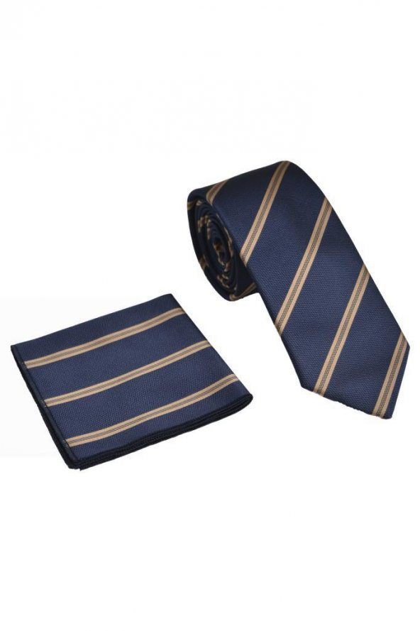 Brianze Vizon Çizgili Lacivert Mendilli Kravat - Resim 3