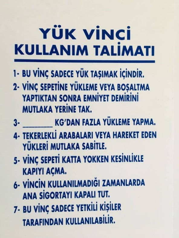 35/50 İKAZ LEVHASI (YÜK VİNCİ KULLANIM TALİMATI) - 1