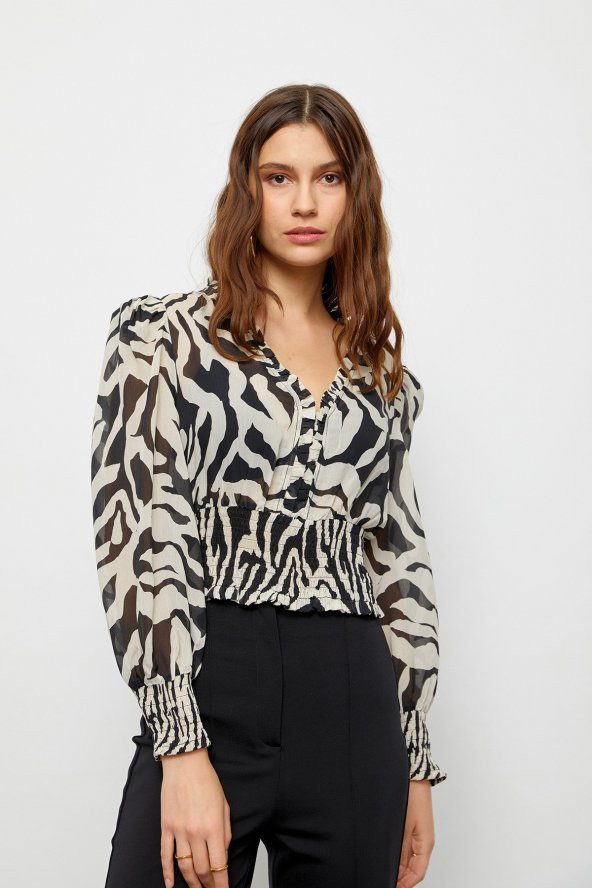 Siyah-Beyaz Modal Rayon V Yaka Zebra Bluz