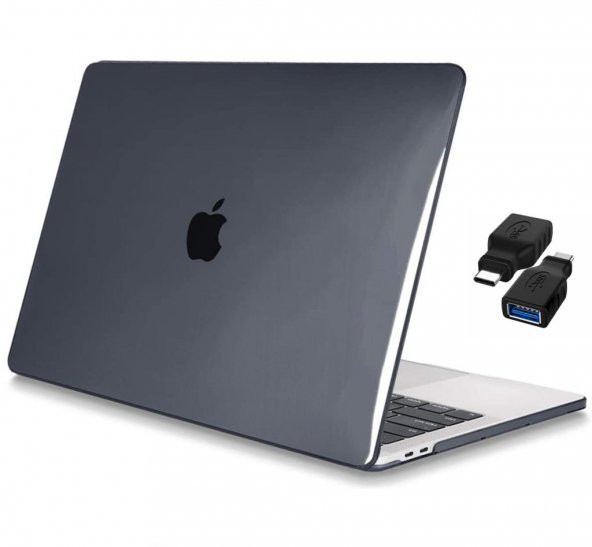 Apple 13" Macbook Pro A2338 M1 Kristal Siyah Kılıf Koruyucu + Usb Çevirici