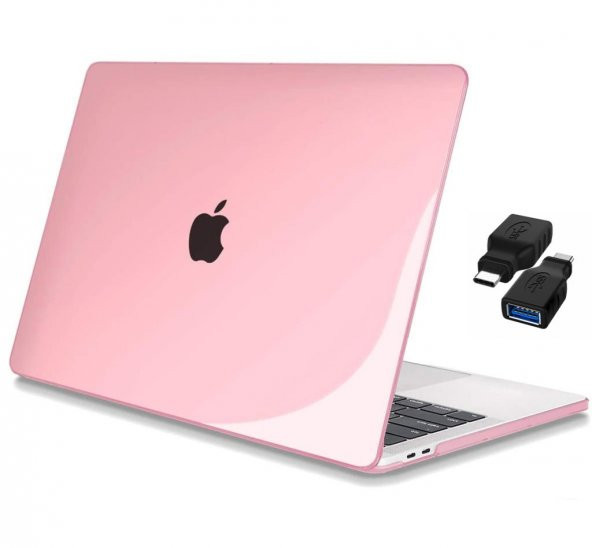 Apple 13" Macbook Pro A2338 M1 Kristal Pembe Kılıf Koruyucu + Usb Çevirici