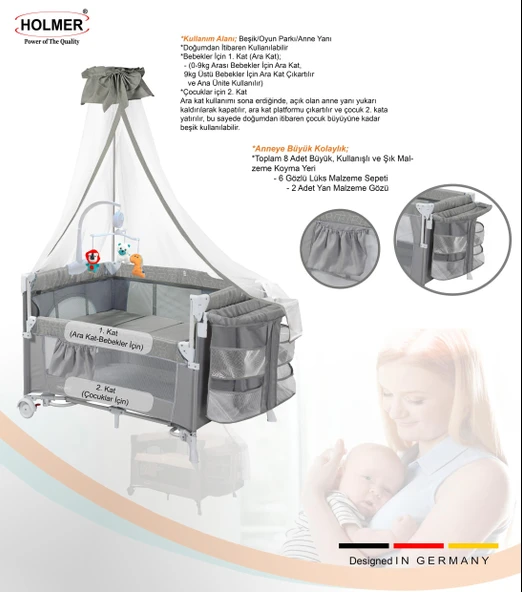 HOLMER Coolstyle (Deluxe Kumaş) Premium Cibinlikli Dönenceli Anne Yanı/Oyun Parkı/Park Yatak 70x110cm Gri - Resim 5