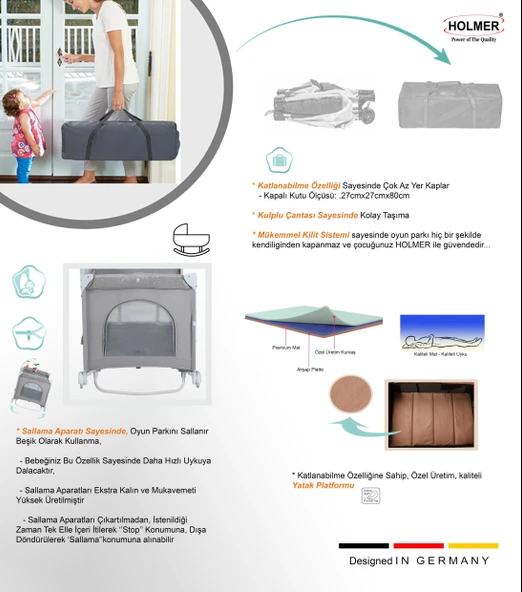 HOLMER Coolstyle (Deluxe Kumaş) Premium Cibinlikli Dönenceli Anne Yanı/Oyun Parkı/Park Yatak 70x110cm Gri - Resim 7