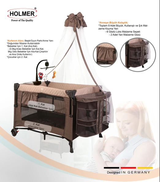 HOLMER Coolstyle (Anne Yanı -Deluxe Kumaş) Cibinlikli Dönenceli Oyun Parkı 70x110cm Bej + Aloevera Yatak - Resim 3