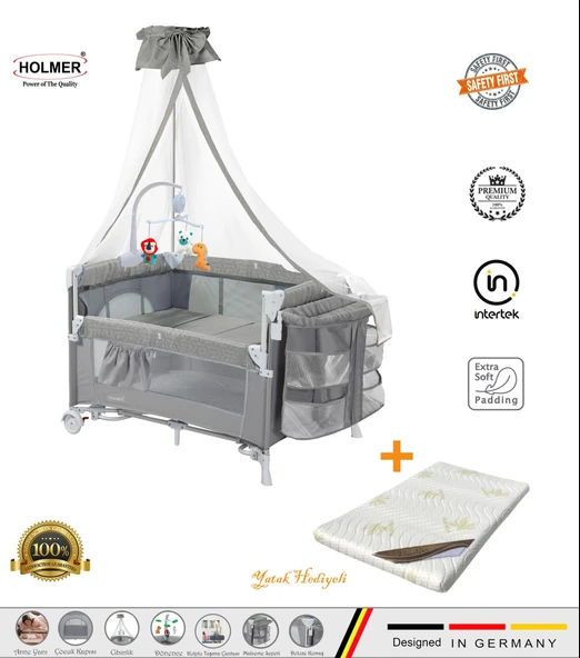 HOLMER Coolstyle (Anne Yanı -Deluxe Kumaş) Cibinlikli Dönenceli Oyun Parkı 70x110cm Gri + Aloevera Yatak ürün görseli