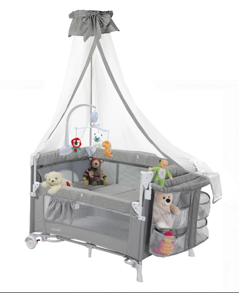 HOLMER Coolstyle (Deluxe Kumaş) Premium Cibinlikli Dönenceli Anne Yanı/Oyun Parkı/Park Yatak 70x110cm Gri - Resim 2