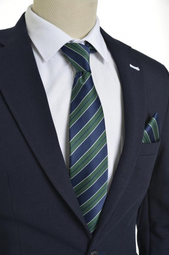 Brianze  Çizgili Lacivert Yeşil Mendilli Kravat ürün görseli 1