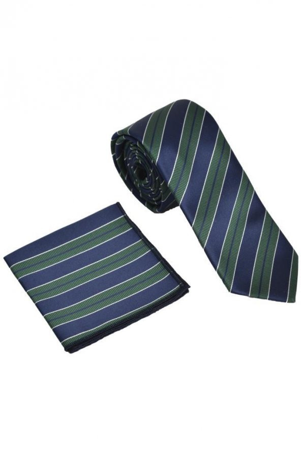 Brianze  Çizgili Lacivert Yeşil Mendilli Kravat - Resim 3