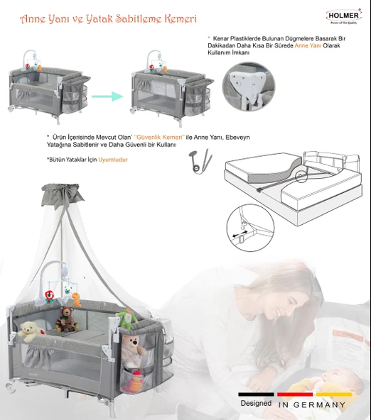HOLMER Coolstyle (Deluxe Kumaş) Premium Cibinlikli Dönenceli Anne Yanı/Oyun Parkı/Park Yatak 70x110cm Gri - Resim 3