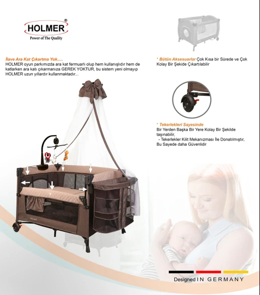 HOLMER Coolstyle (Anne Yanı -Deluxe Kumaş) Cibinlikli Dönenceli Oyun Parkı 70x110cm Bej + Aloevera Yatak - Resim 4