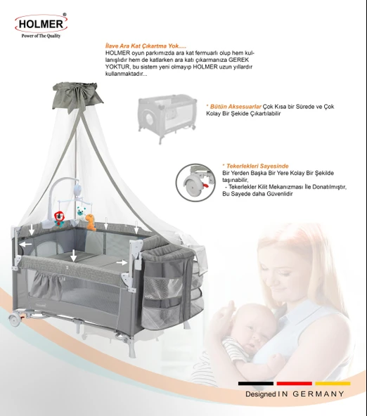 HOLMER Coolstyle (Deluxe Kumaş) Premium Cibinlikli Dönenceli Anne Yanı/Oyun Parkı/Park Yatak 70x110cm Gri - Resim 6