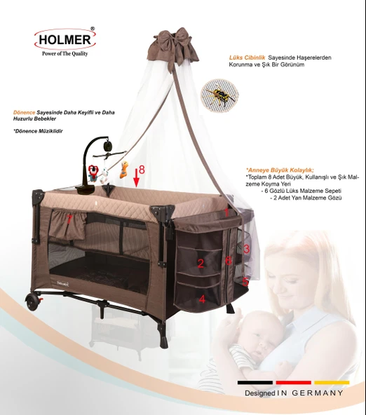 HOLMER Coolstyle (Deluxe Kumaş) Premium Cibinlikli Dönenceli Anne Yanı/Oyun Parkı/Park Yatak 70x110cm Bej - Resim 6