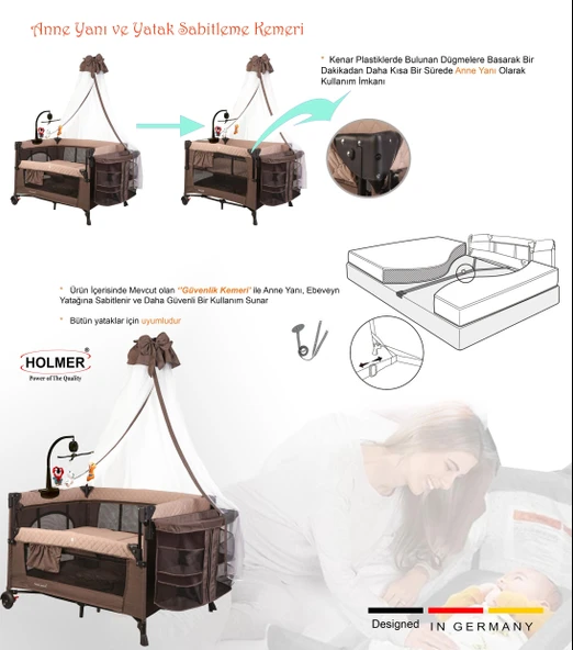 HOLMER Coolstyle (Anne Yanı -Deluxe Kumaş) Cibinlikli Dönenceli Oyun Parkı 70x110cm Bej + Aloevera Yatak - Resim 2
