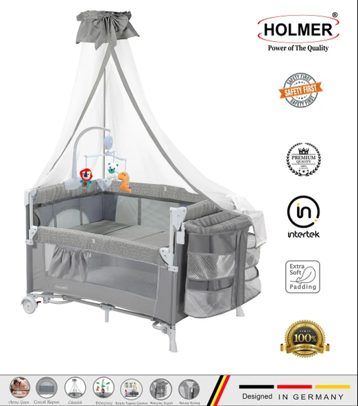 HOLMER Coolstyle (Deluxe Kumaş) Premium Cibinlikli Dönenceli Anne Yanı/Oyun Parkı/Park Yatak 70x110cm Gri ürün görseli