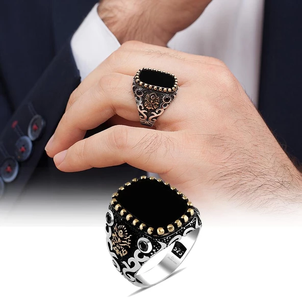 Kare Oniks Taşlı Osmanlı Devleti Armalı 925 Gümüş Erkek Yüzük - 3