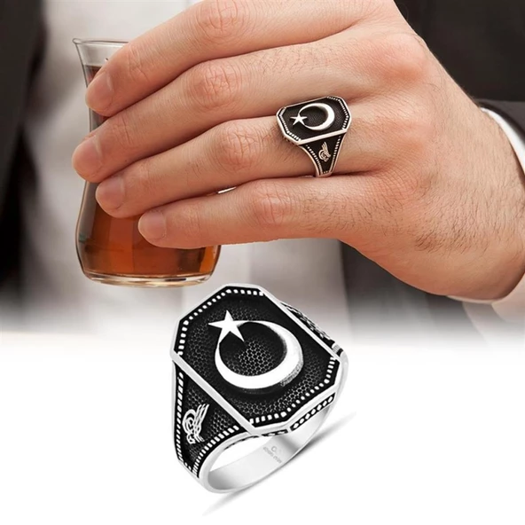 Kare Ayyıldız Desenli 925 Gümüş Erkek Yüzük - 11