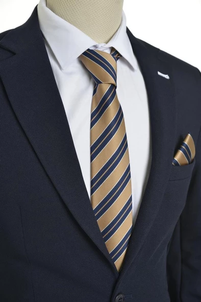 Brianze  Çizgili Krem Lacivert Mendilli Kravat ürün görseli 1