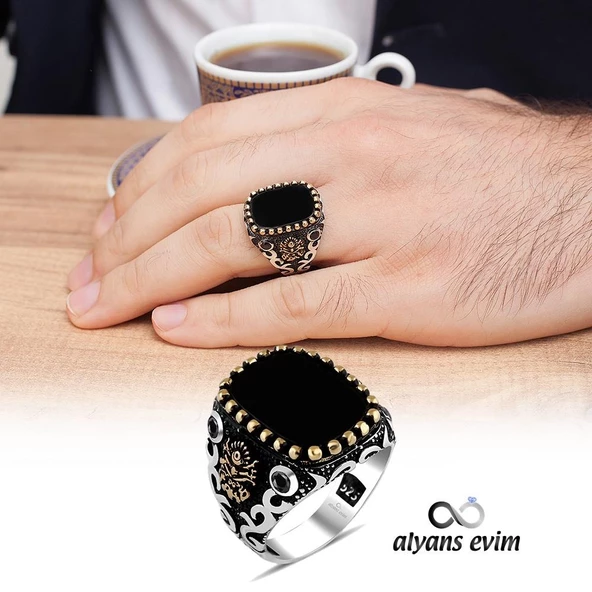 Kare Oniks Taşlı Osmanlı Devleti Armalı 925 Gümüş Erkek Yüzük - 4
