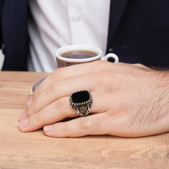 Kare Oniks Taşlı Osmanlı Devleti Armalı 925 Gümüş Erkek Yüzük - 8