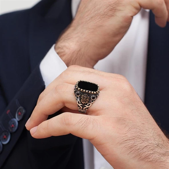 Kare Oniks Taşlı Osmanlı Devleti Armalı 925 Gümüş Erkek Yüzük - 7