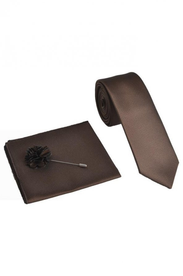 Brianze Kahverengi Kravat Mendil Yaka Çiçeği Set - 3
