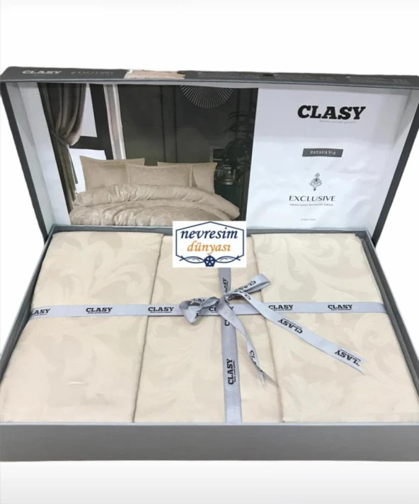 Clasy Exclusive Jakarlı Çift Kişilik Pamuk Saten Nevresim Takımı Pavaya v2 Krem - 3
